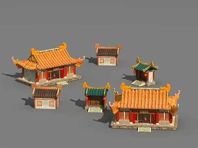 Cartoon Scenes Of Chinese Traditional Buildings With Colorful Roofs And Ornate Designs 3d model