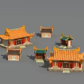 Cartoon Scenes Of Chinese Traditional Buildings With Colorful Roofs And Ornate Designs