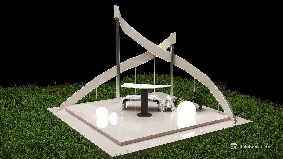 Modern Outdoor Decorative Pavilion Featuring White Curved Structure Round Table Chairs And Grass Area 3d model 