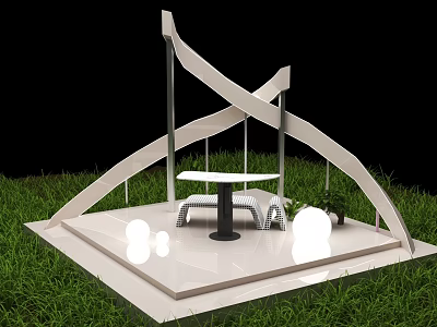 Modern Outdoor Decorative Pavilion Featuring White Curved Structure Round Table Chairs And Grass Area 3d model
