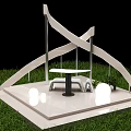 Modern Outdoor Decorative Pavilion Featuring White Curved Structure Round Table Chairs And Grass Area