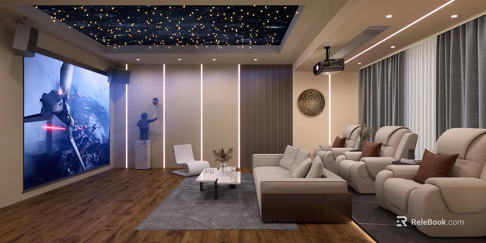 Cozy Home Theater Room With Starry Ceiling Projector And Recliners 3d model 