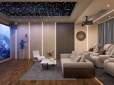 Cozy Home Theater Room With Starry Ceiling Projector And Recliners 3d model