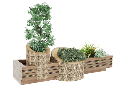 Bonsai Potted Plants In Wooden Planter With Bark Texture And Various Greenery 3d model