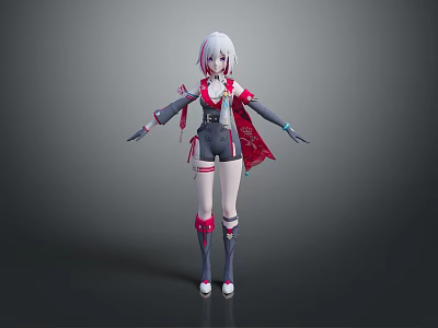 Game Movie Character With White Hair Red Black Outfit Decorative Sleeves Shorts Stockings Boots 3d model