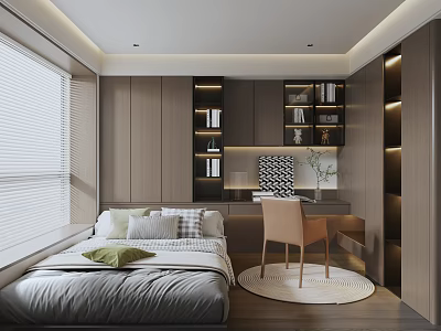 Modern Tatami Bedroom Interior Design With Tatami Bed Bookshelves Desk And Window Blinds 3d model