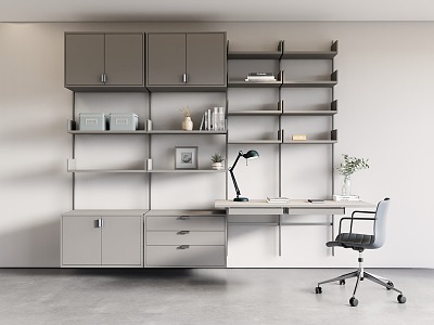 Modern aluminum alloy wall-hanging bookshelf combination desk and chair office desk and chair combination gray-white workbench study 3d model