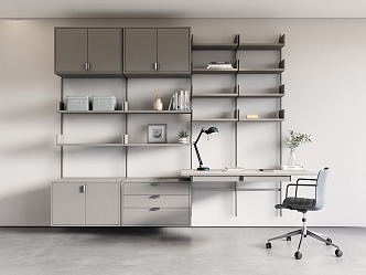 Modern aluminum alloy wall-hanging bookshelf combination desk and chair office desk and chair combination gray-white workbench study 3d model