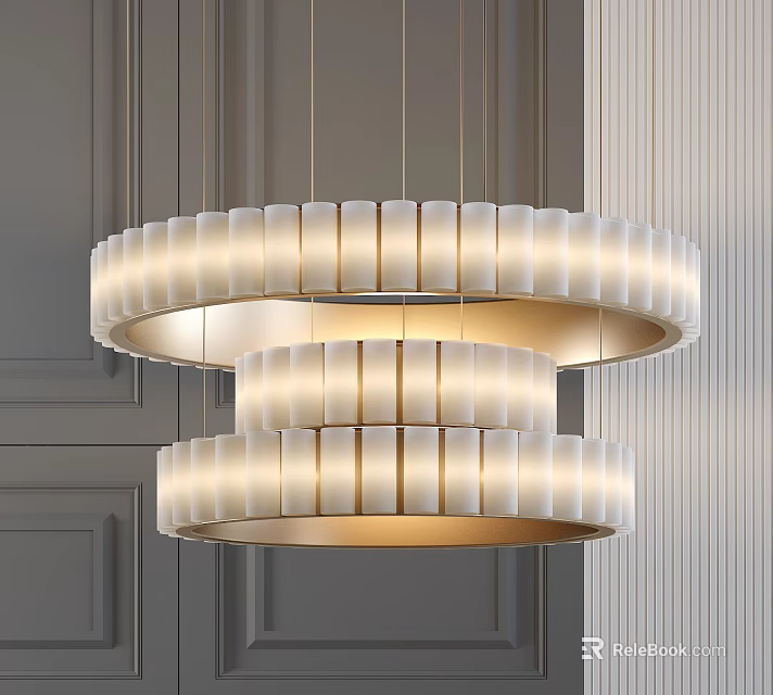 Elegant Modern Double Layer Circular Chandelier With White Striped Shades And Grey Wall Background 3d model 