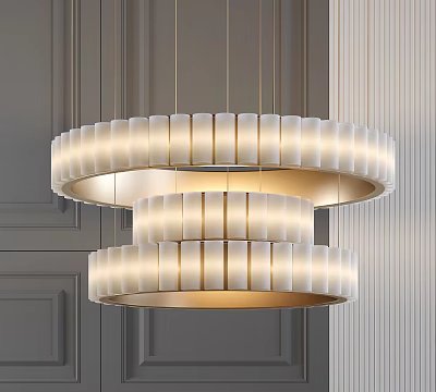 Elegant Modern Double Layer Circular Chandelier With White Striped Shades And Grey Wall Background 3d model