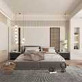 Modern Bedroom Interior With Gray Headboard White Pillows Brown Blanket And Vertical Striped Wall