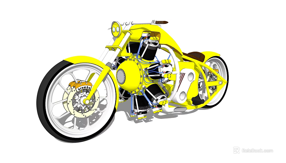 Yellow Custom Motorcycle With Exposed Engine Brown Leather Seat And Chrome Wheels 3d model 