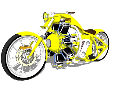 Yellow Custom Motorcycle With Exposed Engine Brown Leather Seat And Chrome Wheels 3d model