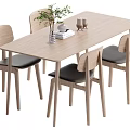 Rectangular Light Wood Dining Table Set with Four Chairs Black Seats and Green Plant 3d model