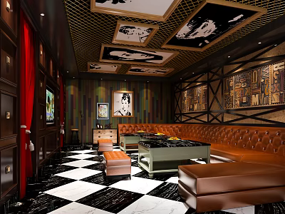 KTV Interior With Decorative Ceiling Paintings Red Curtains Brown Leather Sofas And Checkered Floor 3d model
