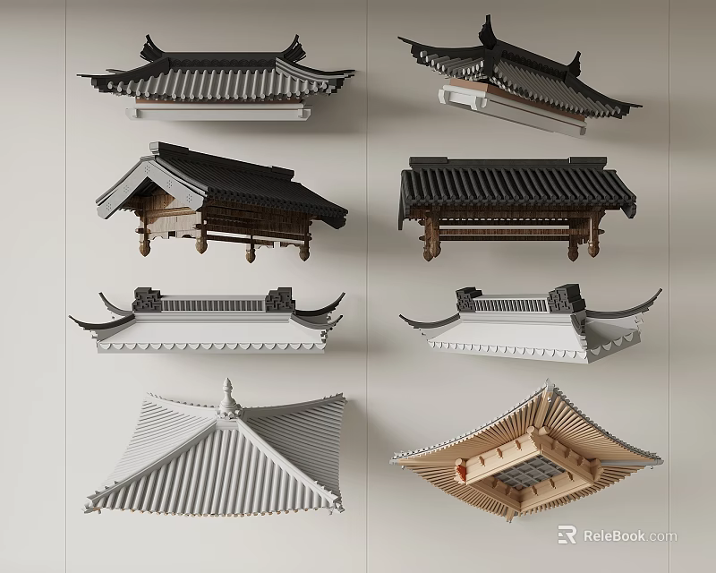 Traditional Roof Structures With Various Designs Featuring Wooden Eaves And Tile Details 3d model 