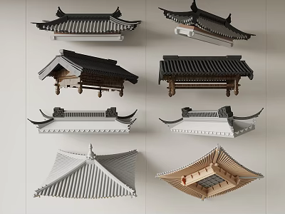 Traditional Roof Structures With Various Designs Featuring Wooden Eaves And Tile Details 3d model