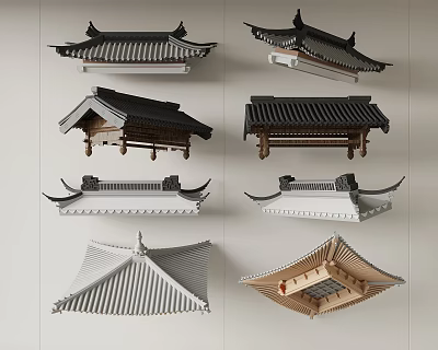 Traditional Roof Structures With Various Designs Featuring Wooden Eaves And Tile Details 3d model