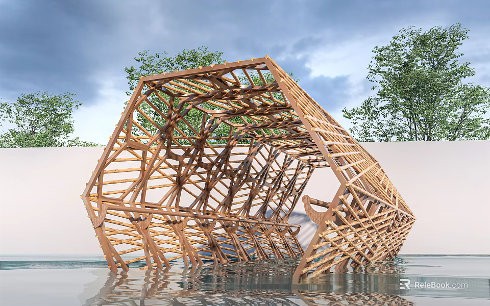 Natural Garden Landscape With Wooden Hexagonal Frame Partially Submerged in Water and Lush Surrounding Trees 3d model 