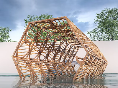 Natural Garden Landscape With Wooden Hexagonal Frame Partially Submerged in Water and Lush Surrounding Trees 3d model