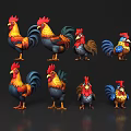 Colorful Flying Animals Roosters in Various Poses with Bright Feather Features