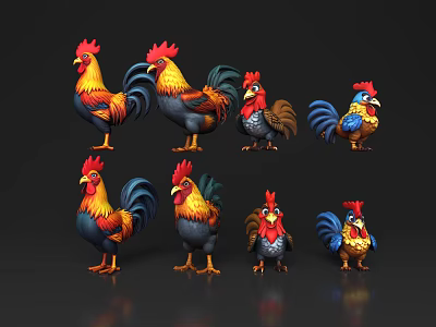 Colorful Flying Animals Roosters in Various Poses with Bright Feather Features 3d model