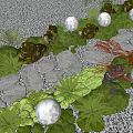 Tranquil Garden Landscape Featuring Pebbles Stone Pathway Green Ferns Round Lights And Moss Covered Stones