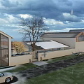 Boutique Homestay Building With Large Tree Stone Entrance And Purple Sunset Sky