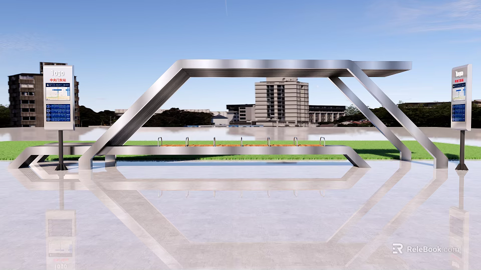 Modern Stainless Steel Public Rest Area With Bench Polished Floor And Urban Background 3d model 
