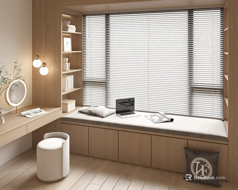 Modern Bay Window Nook With Wooden Cabinets Window Blinds Writing Desk And Stool 3d model 