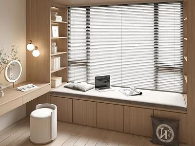 Modern Bay Window Nook With Wooden Cabinets Window Blinds Writing Desk And Stool 3d model