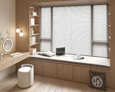 Modern Bay Window Nook With Wooden Cabinets Window Blinds Writing Desk And Stool 3d model