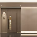 Modern Elevator Hallway With Geometric Pattern Wall And Recessed Lighting Design 3d model