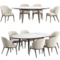 Round Marble Dining Table Set With Red Quilted And Light Colored Upholstered Chairs 3d model