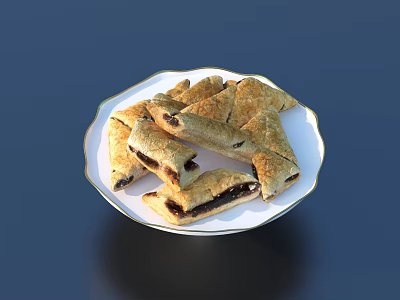 Delicious Triangular Pastries With Dark Filling On White Plate Gold Rim Dark Background 3d model