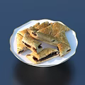 Delicious Triangular Pastries With Dark Filling On White Plate Gold Rim Dark Background