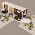 Modern Shipping Container Building With Outdoor Patio Umbrellas Furniture And Green Plants