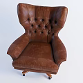 Brown Leather Office Chair With High Tufted Back And Wooden Wheeled Base