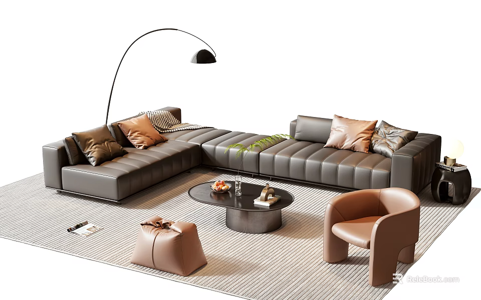 Elegant L shaped Leather Sofa and Coffee Table Set with Decorative Pillows Armchair Floor Lamp and Rug 3d model 