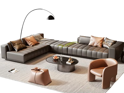 Elegant L shaped Leather Sofa and Coffee Table Set with Decorative Pillows Armchair Floor Lamp and Rug 3d model