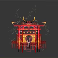 Red Haired Woman In Traditional Purple Dress With Cat On Red Chinese Architecture Platform