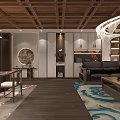 Office Interior Design With Wooden Ceiling Chandelier Bookshelves Large Desk And Rug