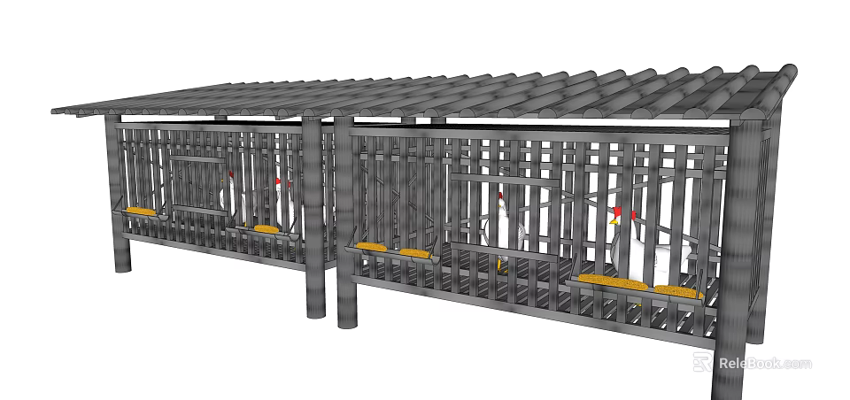 Traditional Style Covered Walkway With Wooden Roof And Railings 3d model 