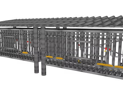 Traditional Style Covered Walkway With Wooden Roof And Railings 3d model