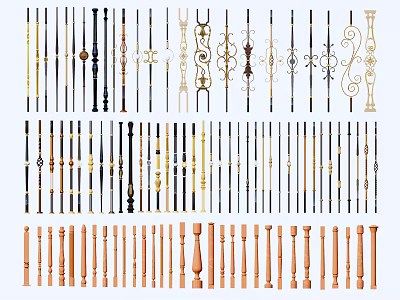 Decorative Wooden and Metal Balusters with Ornate Design Elements in Various Styles 3d model