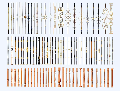 Decorative Wooden and Metal Balusters with Ornate Design Elements in Various Styles 3d model