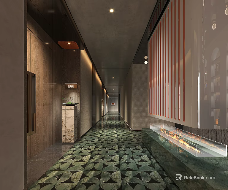 Modern Hotel Corridor With Recessed Lighting Wooden Panels Decorative Wall And Patterned Carpet 3d model 