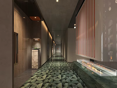 Modern Hotel Corridor With Recessed Lighting Wooden Panels Decorative Wall And Patterned Carpet 3d model
