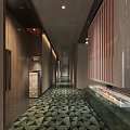 Modern Hotel Corridor With Recessed Lighting Wooden Panels Decorative Wall And Patterned Carpet