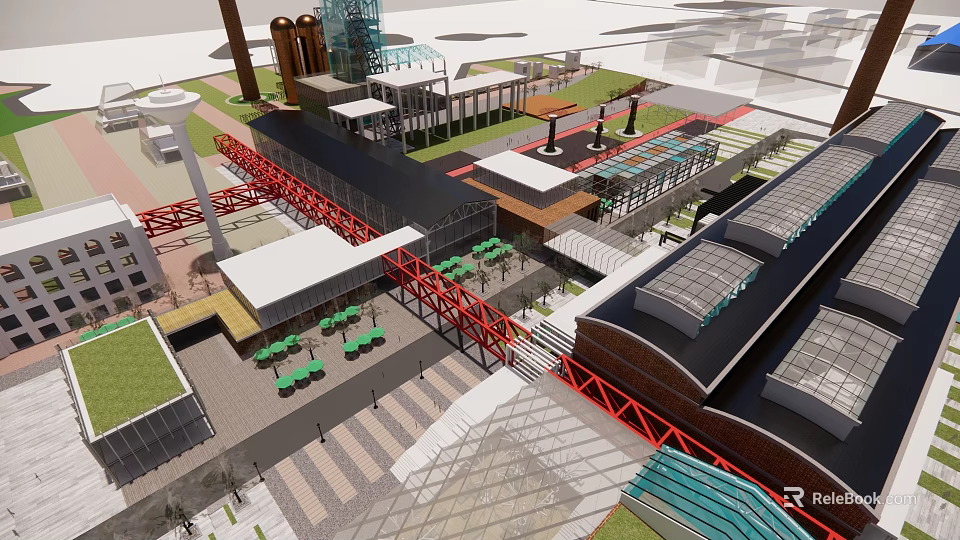 Modern Commercial Street With Red Pedestrian Bridges Green Roofs And Outdoor Seating 3d model 
